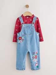 Mid Blue Floral Embroidered Dungarees (3mths-7yrs) - Image 1 of 8