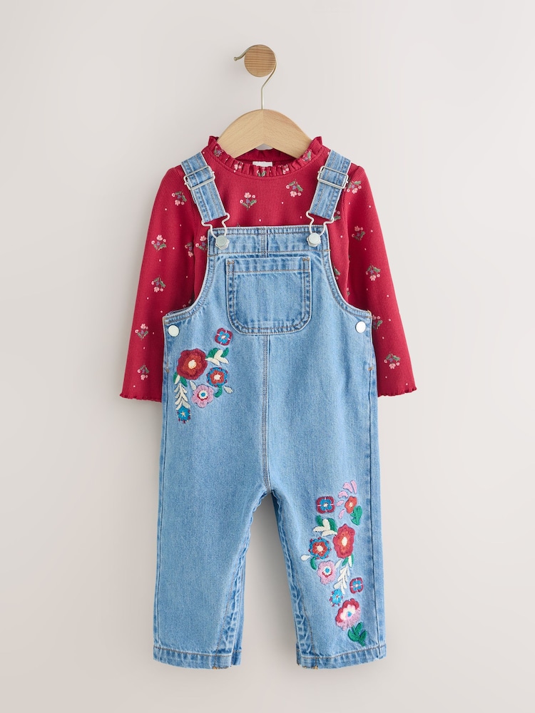 Mid Blue Floral Embroidered Dungarees (3mths-7yrs) - Image 1 of 8