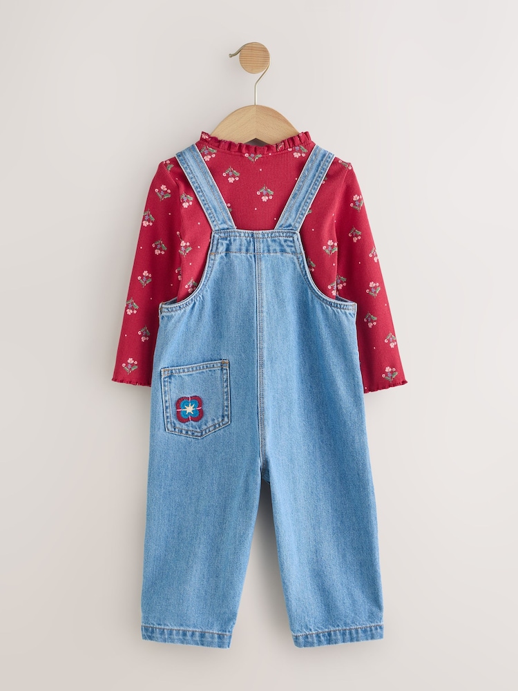 Mid Blue Floral Embroidered Dungarees (3mths-7yrs) - Image 2 of 8