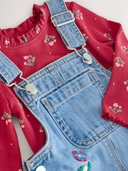 Mid Blue Floral Embroidered Dungarees (3mths-7yrs) - Image 4 of 8