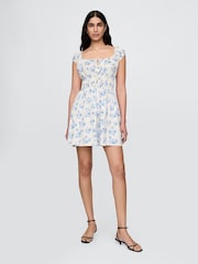 Gap White & Blue Floral 100% Cotton Tie-Front Smocked Waist Mini Dress - Image 1 of 7