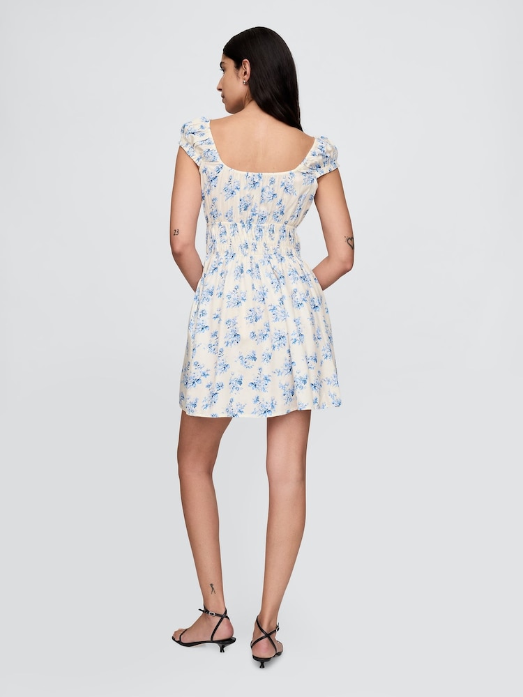 Gap White & Blue Floral 100% Cotton Tie-Front Smocked Waist Mini Dress - Image 2 of 7