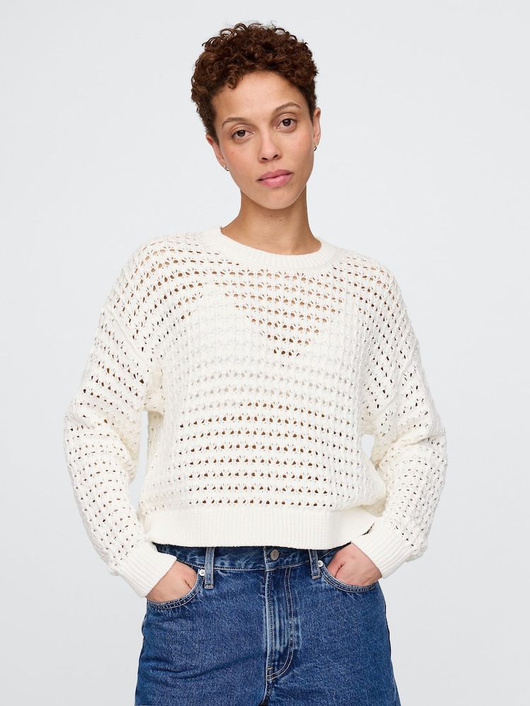 Wit - Gap 100% katoenen oversized gehaakte trui met ronde hals - Image 1 of 5