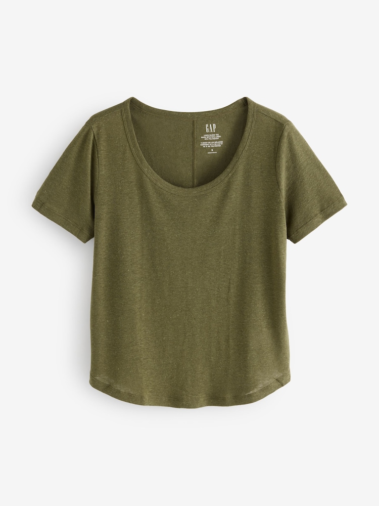 Gap Khaki Green Linen Blend Short Sleeve Scoop Neck T-Shirt - Image 1 of 4