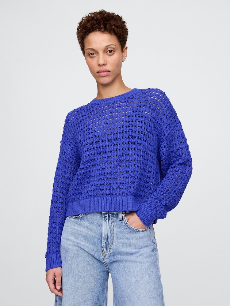 Blauw - Gap 100% katoenen oversized gehaakte trui met ronde hals - Image 1 of 5