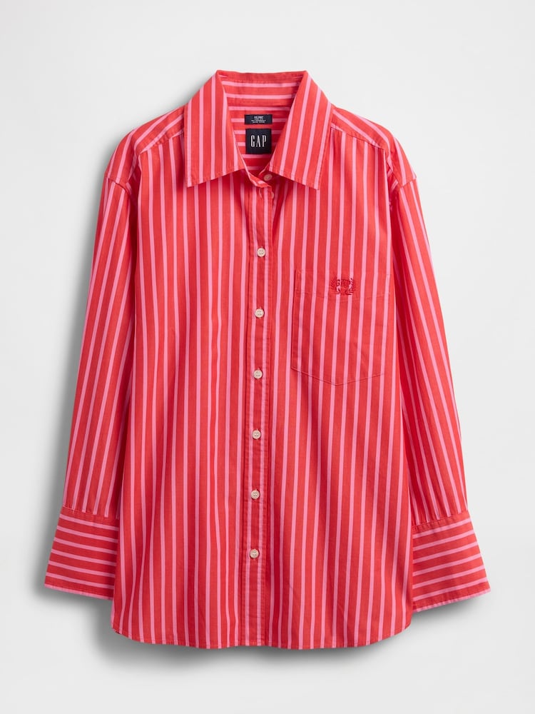 Gap Red Cotton Poplin Striped Oversized Shirt - Image 1 of 5