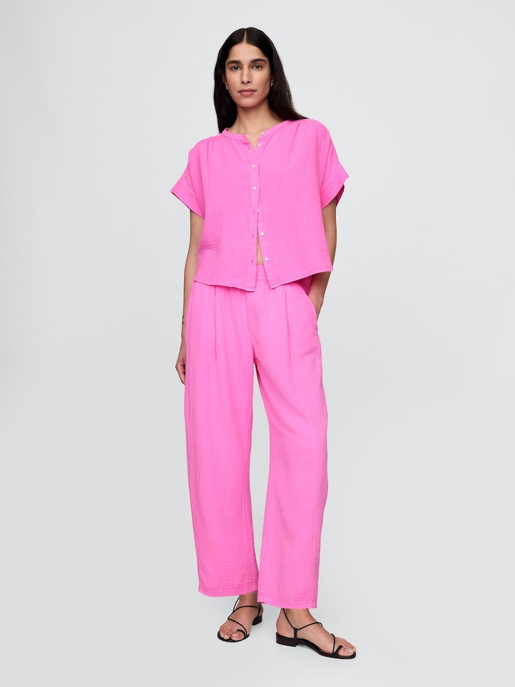Gap Pink 100% Cotton Crinkle Gauze Easy Barrel Trousers - Image 1 of 8