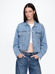 Gap Blue UltraSoft Relaxed Cropped Icon Denim Jacket - Image 1 of 4