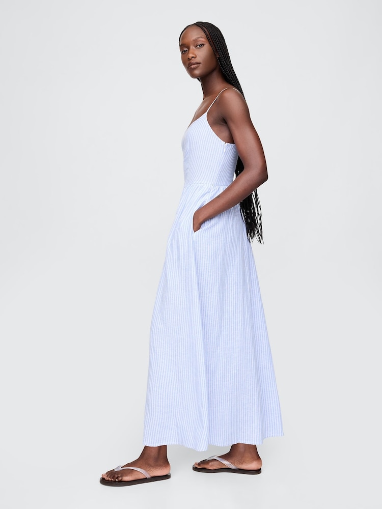 Gap Blue Pinstripe Linen-Blend Drop-Waist Maxi Summer Dress - Image 2 of 5