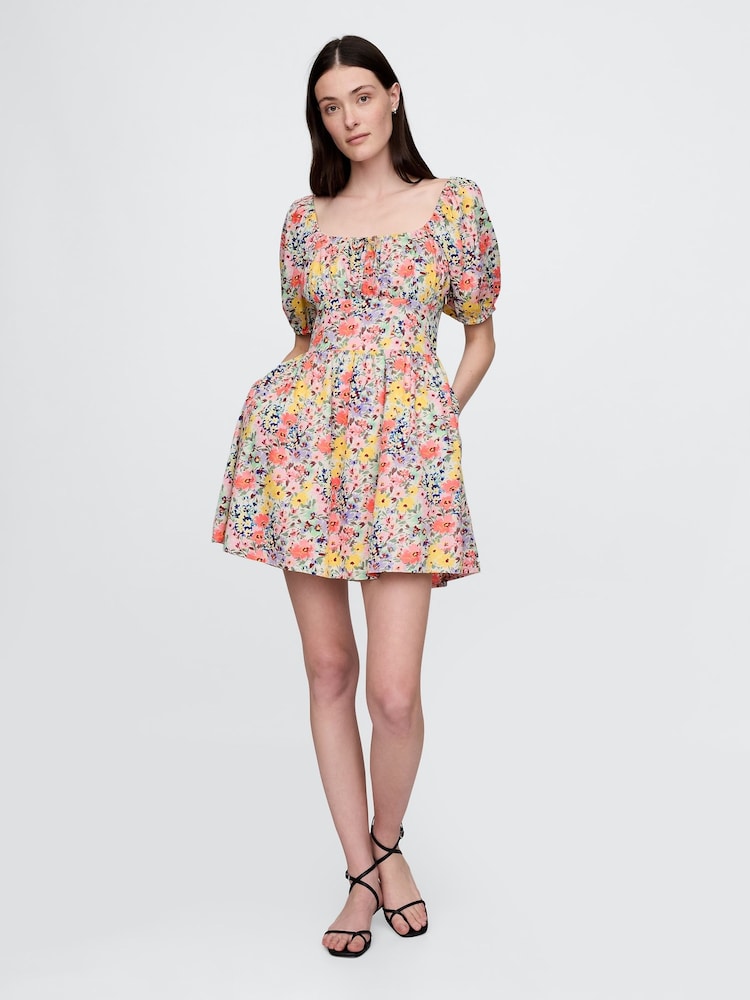 Gap Black Multi Floral Puff-Sleeve Mini Dress - Image 1 of 5