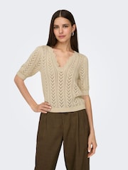 JDY Cream Crochet Short Sleeve Jumper - Image 6 of 9