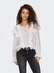 JDY White Tie Detail Frill Blouse - Image 2 of 6