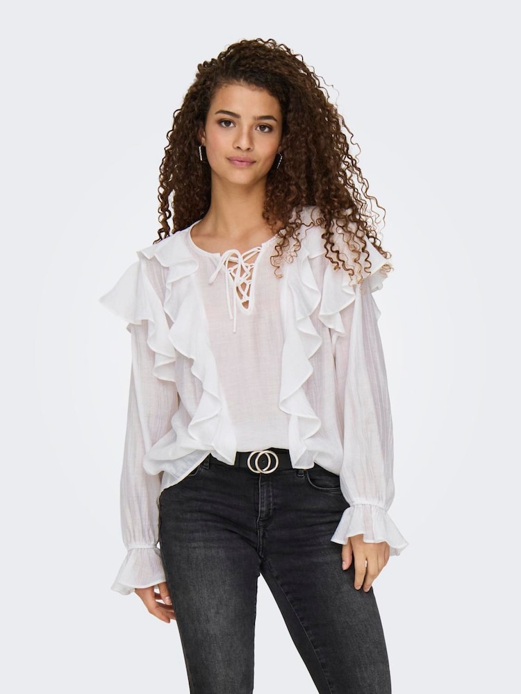 JDY White Tie Detail Frill Blouse - Image 2 of 6