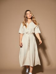 JDY Grey Linen Blend Midi Shirt Dress - Image 1 of 8