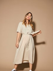 JDY Grey Linen Blend Midi Shirt Dress - Image 2 of 8