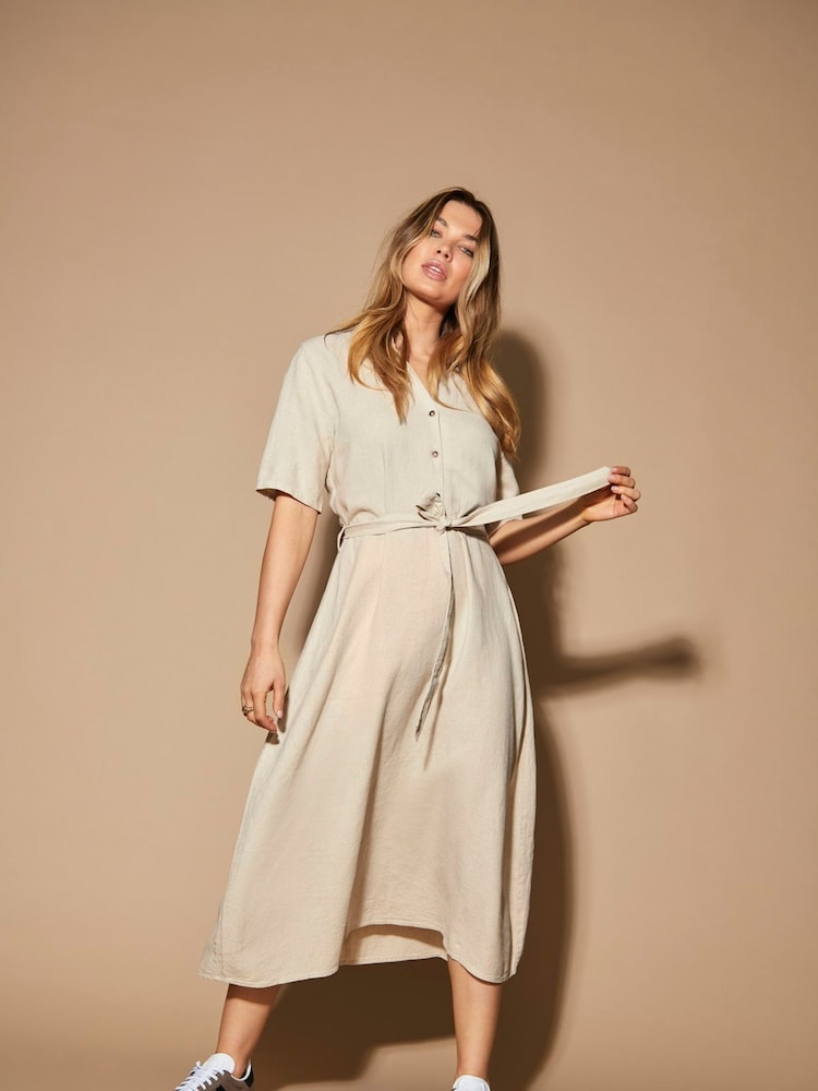 JDY Grey Linen Blend Midi Shirt Dress - Image 2 of 8