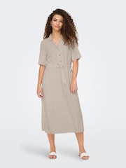 JDY Grey Linen Blend Midi Shirt Dress - Image 5 of 8