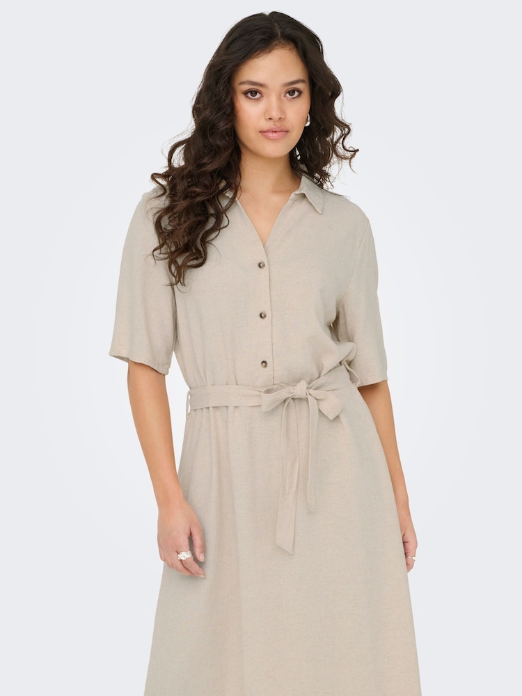 JDY Grey Linen Blend Midi Shirt Dress - Image 9 of 12