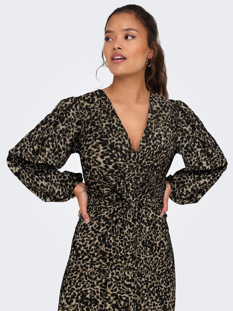 JDY Brown Leopard Print Knit Midi Dress - Image 1 of 5