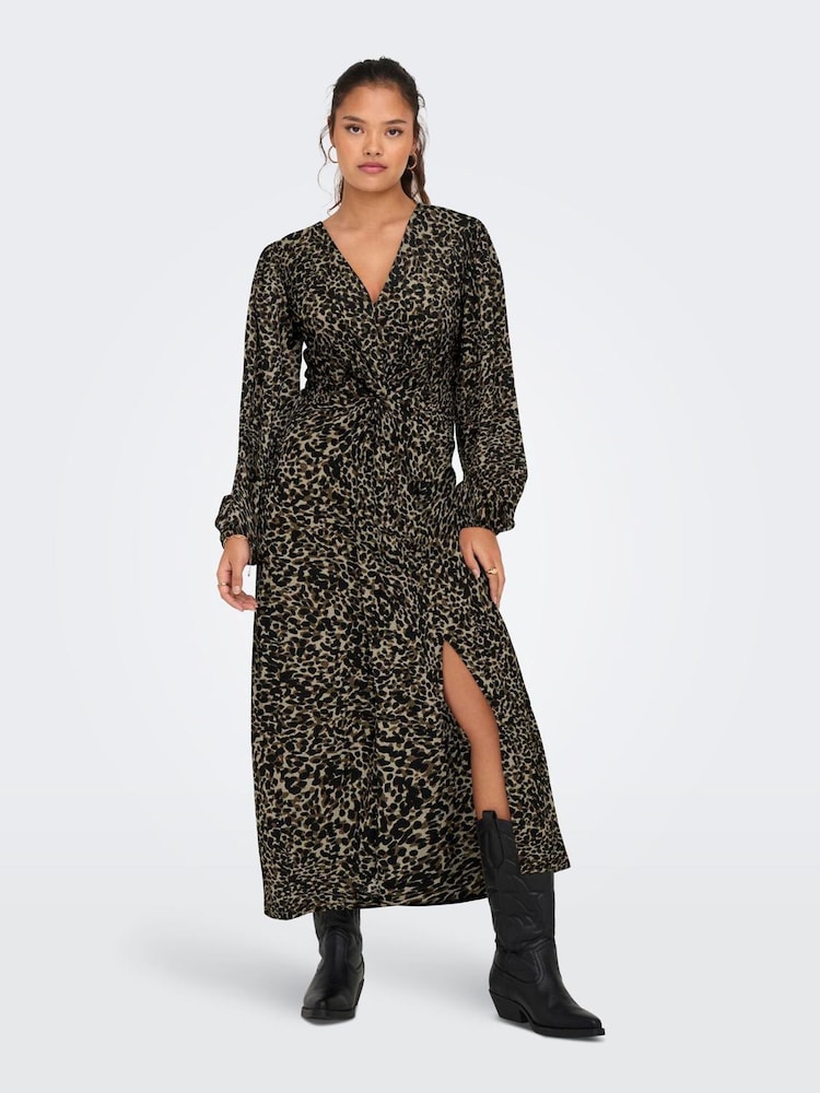 JDY Brown Leopard Print Knit Midi Dress - Image 2 of 5