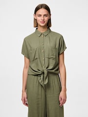 PIECES Green Tie Front Short Sleeve Shirt - Image 1 of 6
