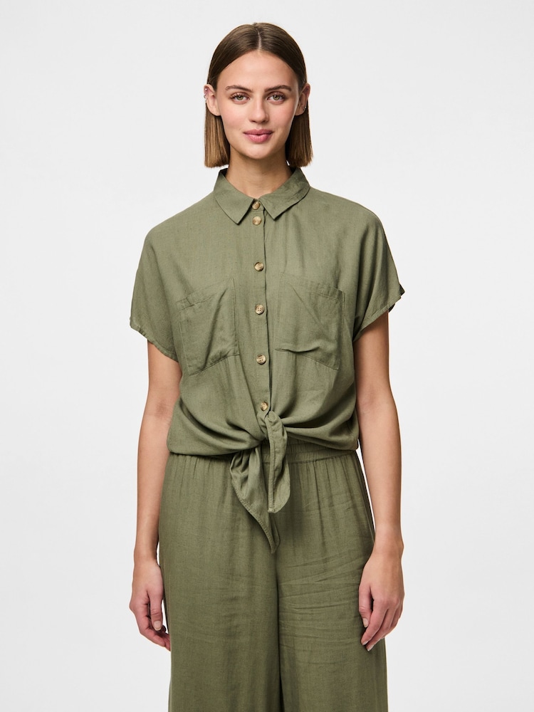 PIECES Green Tie Front Short Sleeve Shirt - Image 1 of 6