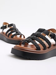 River Island Black Wide Fit Cross Strap Weave Detail Sandals - Image 4 of 6