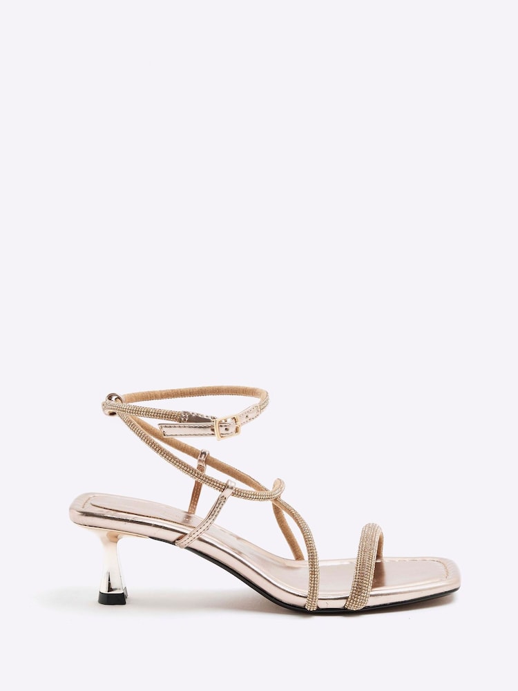 River Island Gold Kitten Heeled Strappy Embellished Sandals - Image 2 of 6 River Island Gold Kitten Heeled Strappy Embellished Sandals - Image 2 of 6