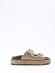 River Island Gold Raffia Flatform Double Strap Sandals - Image 1 of 6