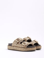 River Island Gold Raffia Flatform Double Strap Sandals - Image 2 of 6