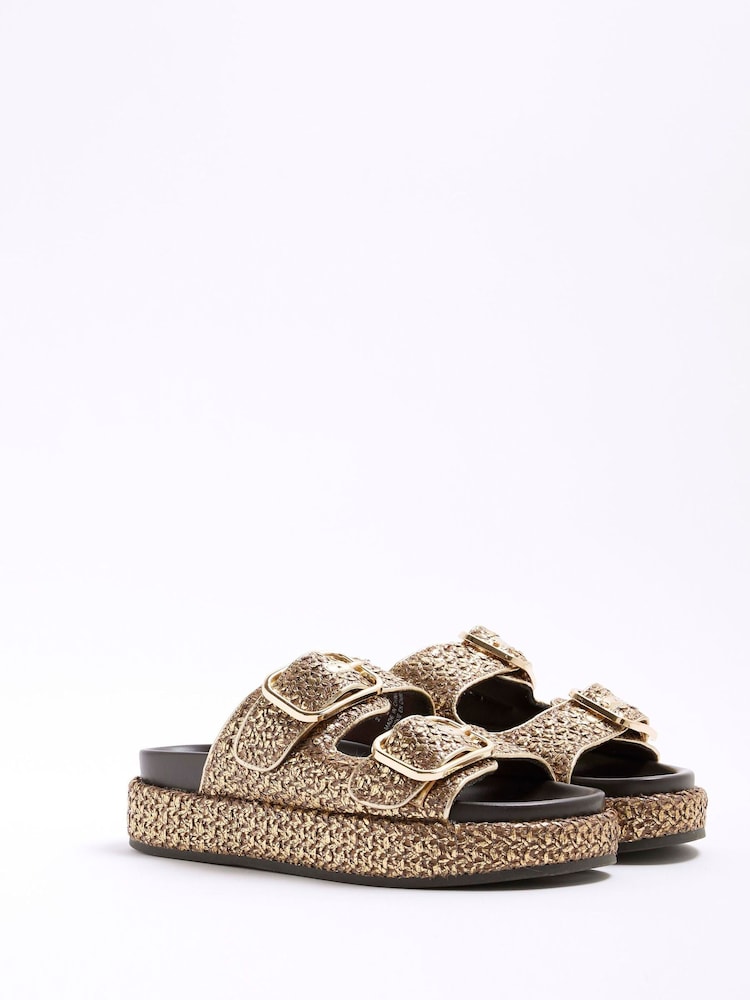 River Island Gold Raffia Flatform Double Strap Sandals - Image 2 of 6