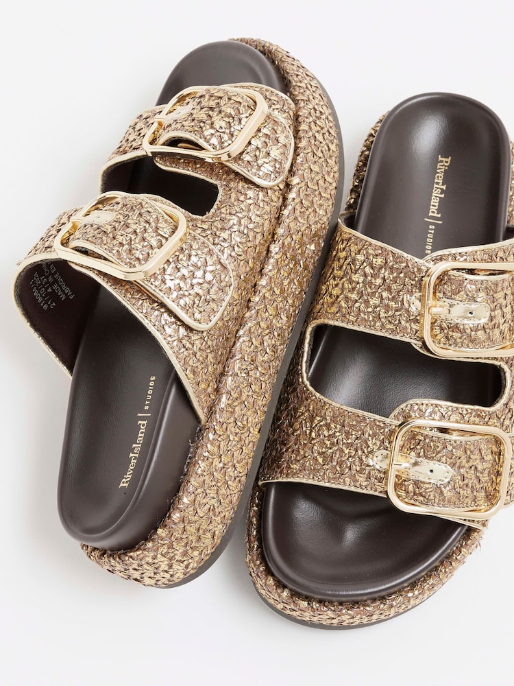 River Island Gold Raffia Flatform Double Strap Sandals - Image 4 of 6