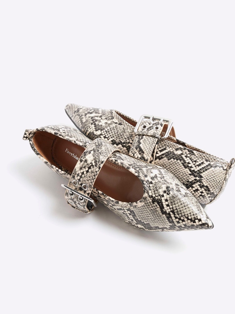 River Island Grey Snake Print Pointed Buckle Mary Jane Shoes - Image 5 of 5