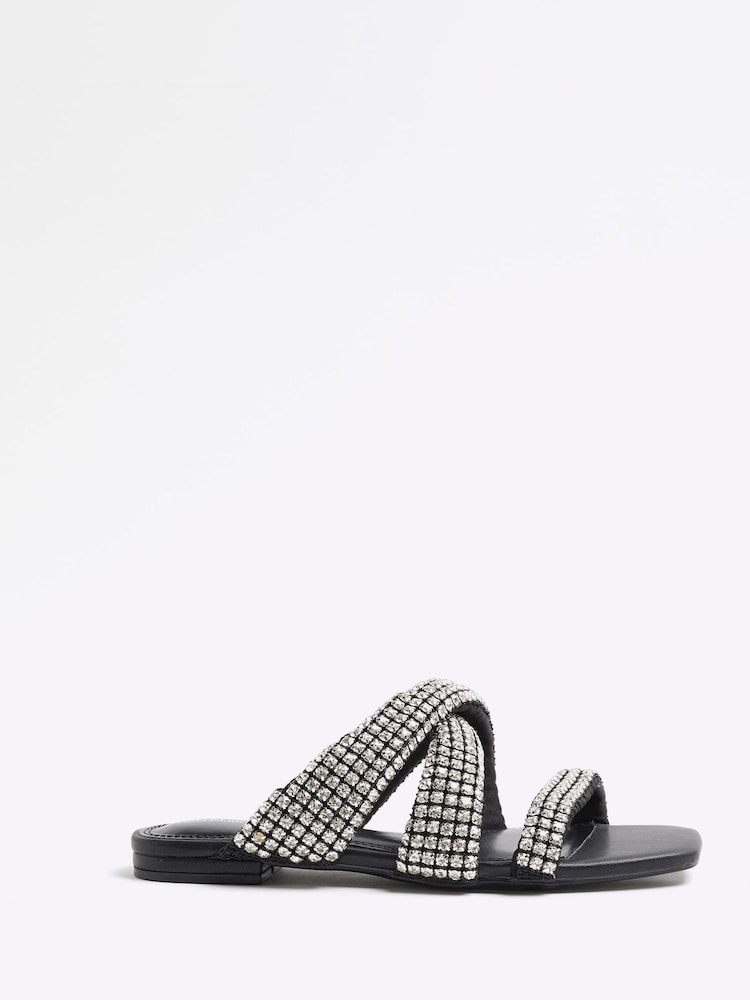 River Island Black Embellished Twist Flat Sandals - Image 1 of 5