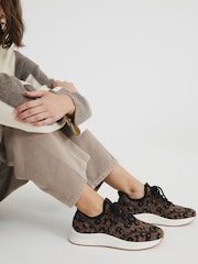River Island Brown Leopard Print Knit Runner Trainers - Image 1 of 6