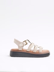 River Island Cream Wide Fit Cross Strap Weave Detail Sandals - Image 2 of 7