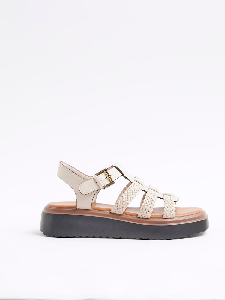 River Island Cream Wide Fit Cross Strap Weave Detail Sandals - Image 2 of 7
