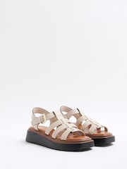 River Island Cream Wide Fit Cross Strap Weave Detail Sandals - Image 3 of 7