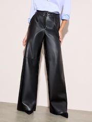 Friends Like These X Lucy Mecklenburgh Black Petite Faux Leather Tailored Wide Leg Trousers - Image 1 of 4