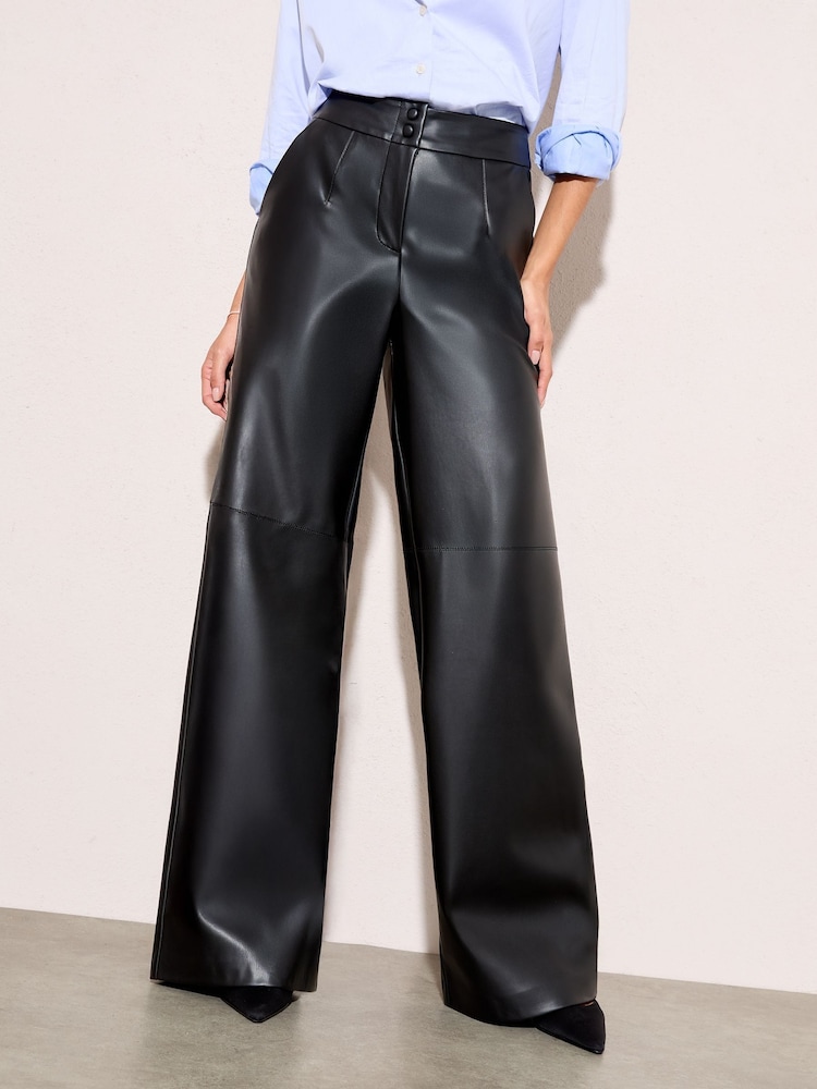 Friends Like These X Lucy Mecklenburgh Black Petite Faux Leather Tailored Wide Leg Trousers - Image 1 of 4