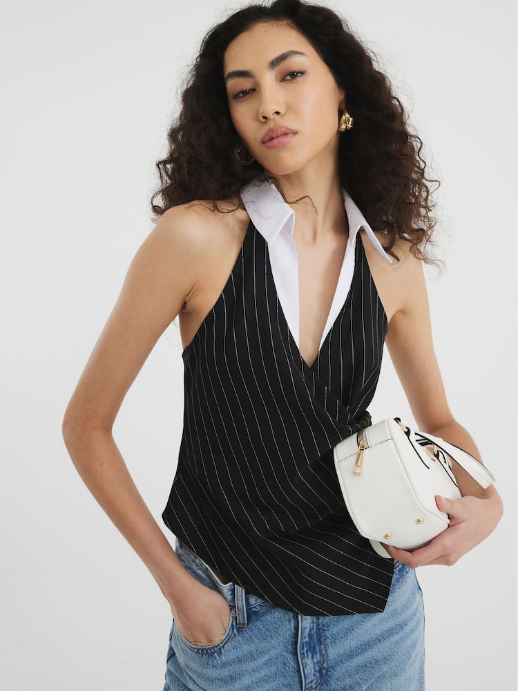 River Island Black Pinstripe Collar Top - Image 3 of 6