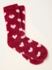 FatFace Burgundy Fluffy Heart Socks - Image 1 of 2
