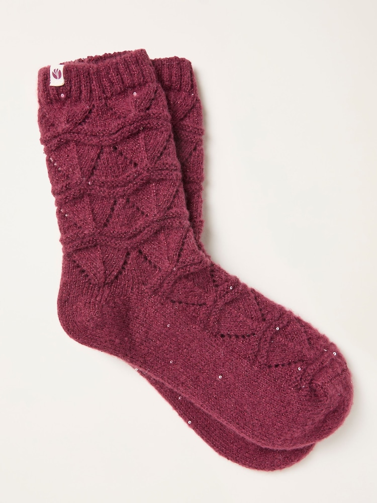 FatFace Burgundy Red Pointelle Sparkle Lounge Socks - Image 1 of 2 FatFace Burgundy Red Pointelle Sparkle Lounge Socks - Image 1 of 2