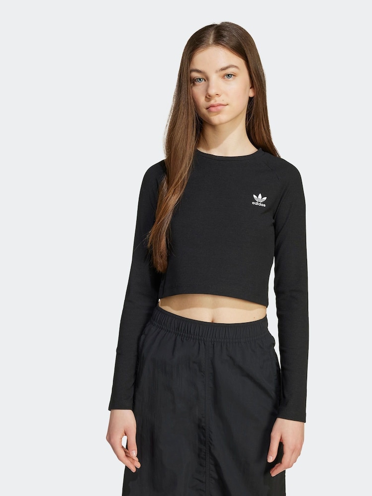 adidas Black Rib Crop Long Sleeve Kids Top - Image 1 of 6