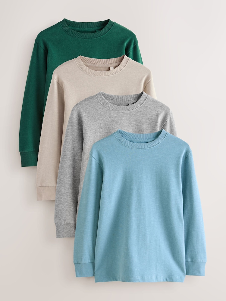 Blue/Green/Grey/Stone Plain Long Sleeve Cosy T-Shirts 4 Pack (3-16yrs) - Image 1 of 7 Blue/Green/Grey/Stone Plain Long Sleeve Cosy T-Shirts 4 Pack (3-16yrs) - Image 1 of 7