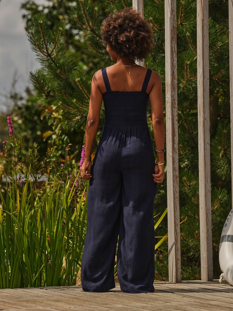 FatFace Navy Beachwear Shirred Jumpsuit - Image 2 of 5 FatFace Navy Beachwear Shirred Jumpsuit - Image 2 of 5