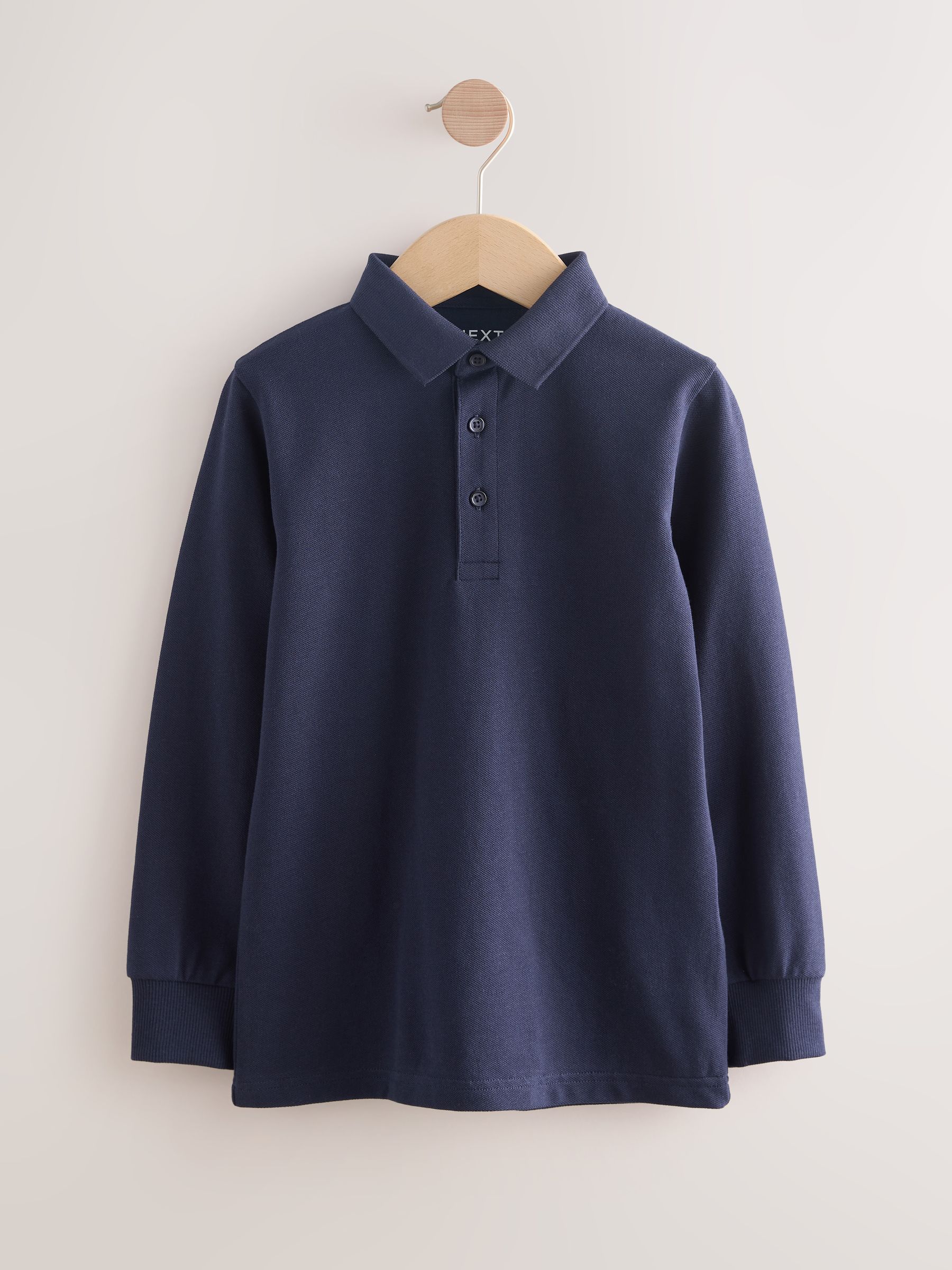 ネイビー コットン ポロシャツ 長袖 ファインリブ シルクコットン ポロシャツ（Navy）| Sunspel