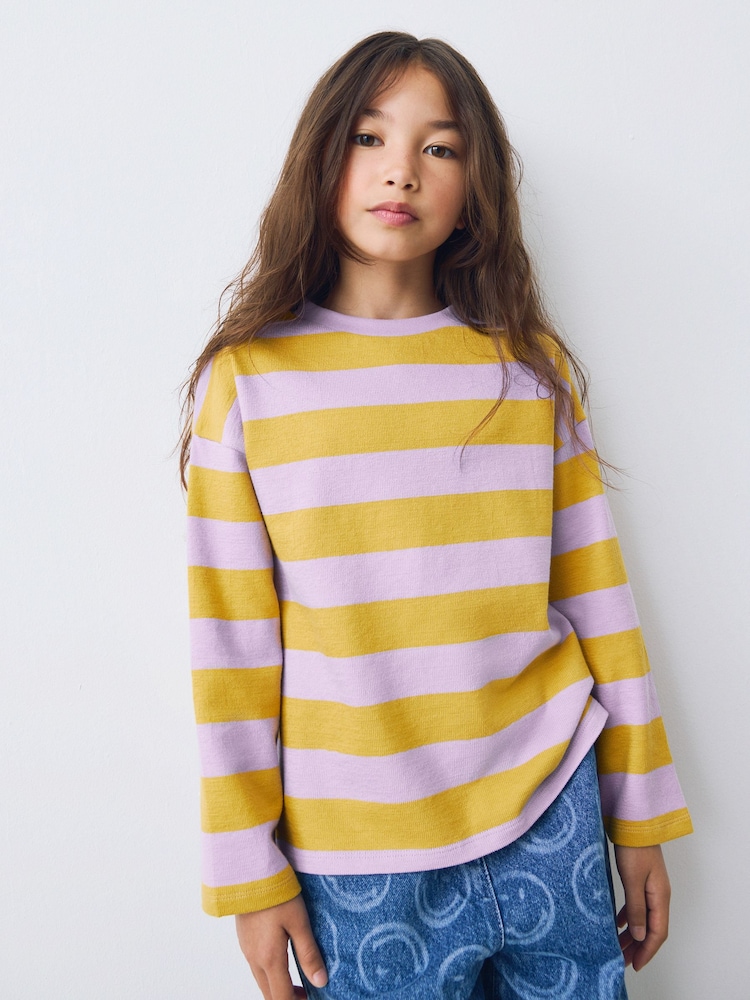 Purple/Ochre Stripe Textured Long Sleeve Top (3-16yrs) - Image 1 of 8