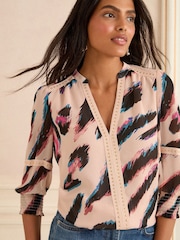 Love & Roses White Ecru Zebra V-Neck Hardware 3/4 Sleeve Blouse - Image 1 of 4