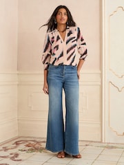Love & Roses White Ecru Zebra V-Neck Hardware 3/4 Sleeve Blouse - Image 3 of 4